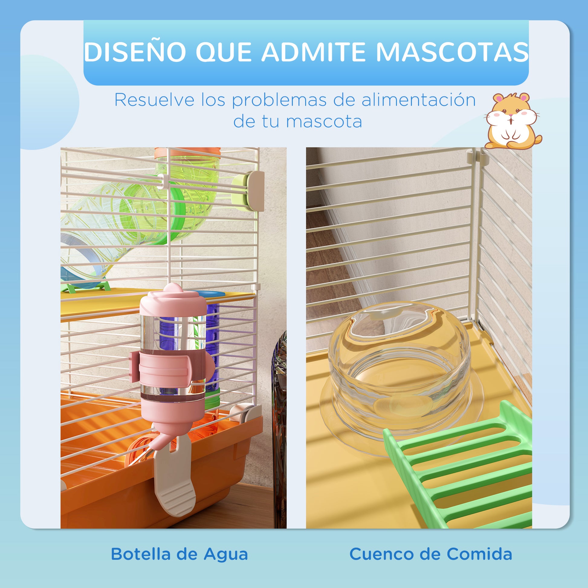 Hamster Cage Small Animal House with Tunnel Platforms Bowl Water Bottle House Ramps and Exercise Wheel 46x30x58cm Orange