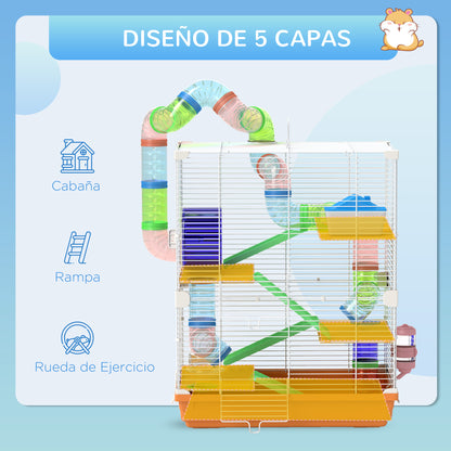 Hamster Cage Small Animal House with Tunnel Platforms Bowl Water Bottle House Ramps and Exercise Wheel 46x30x58cm Orange