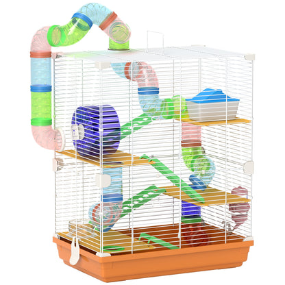 Hamster Cage Small Animal House with Tunnel Platforms Bowl Water Bottle House Ramps and Exercise Wheel 46x30x58cm Orange