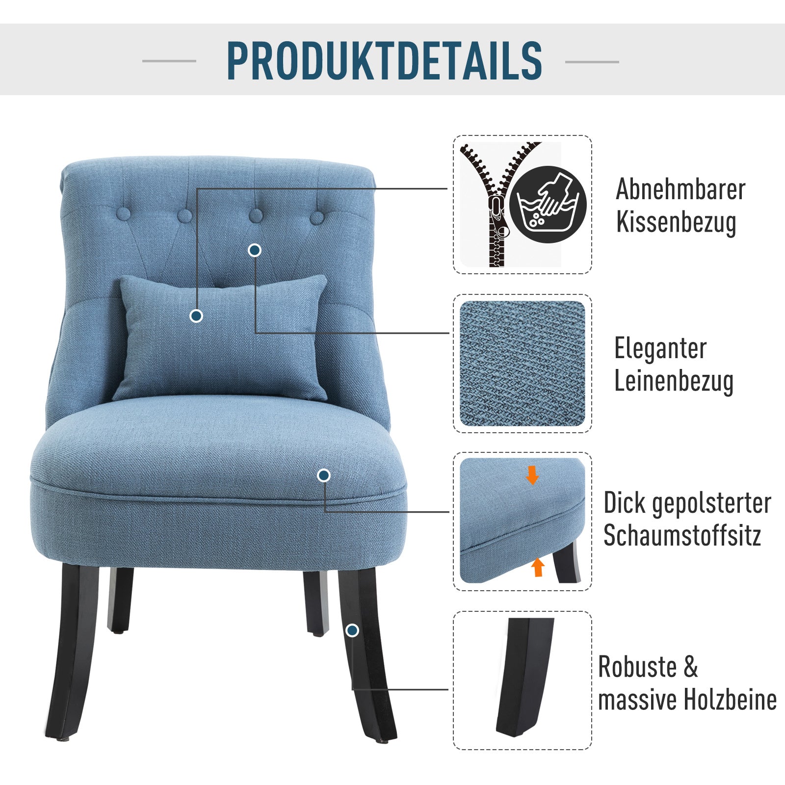 Armchair Living Room Relax Armchair Lounge Armchair Recliner with Back Pillow, Wooden Legs, Reading Armchair with Linen Look, Upholstered Armchair for Bedroom, Blue