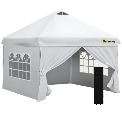 Pop-up Garden Gazebo Tent 3x3m Adjustable Height with 4 Removable Side Walls, Windows, Carry Bag with Wheels - White