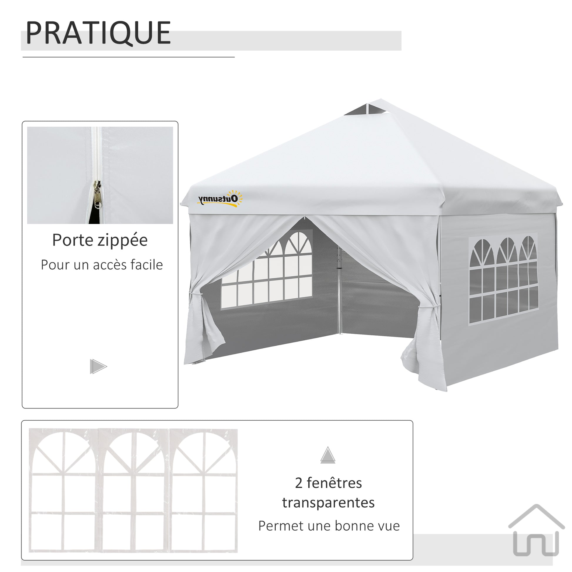 Pop-up Garden Gazebo Tent 3x3m Adjustable Height with 4 Removable Side Walls, Windows, Carry Bag with Wheels - White
