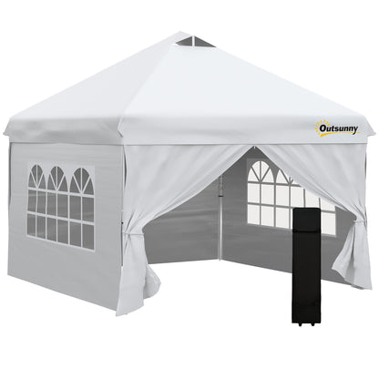 Pop-up Garden Gazebo Tent 3x3m Adjustable Height with 4 Removable Side Walls, Windows, Carry Bag with Wheels - White