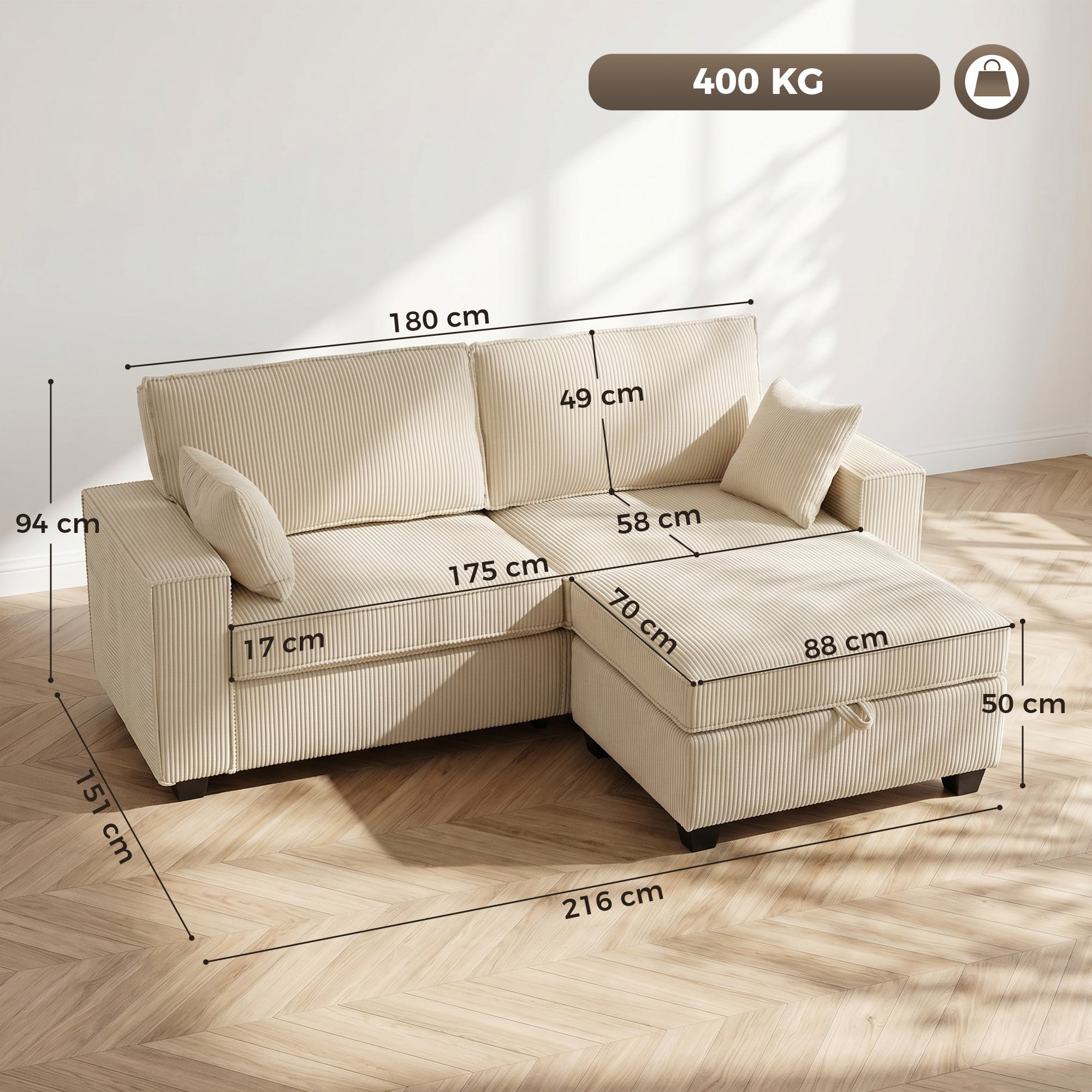 L-Shaped 3-Seater Corner Sofa with Storage Ottoman, Corduroy Upholstery, Wide Seating & 2 Cushions — Beige