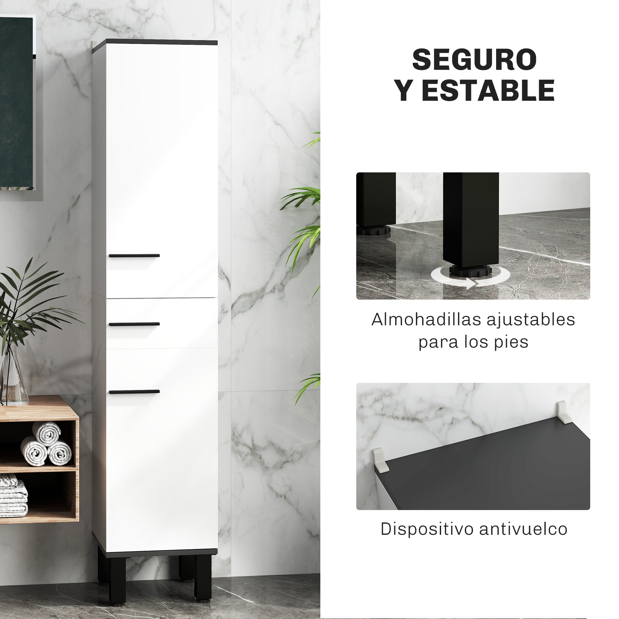 Bathroom Column Tall Bathroom Cabinet with Drawer 2 Doors and Adjustable Shelves Modern Bathroom Furniture Anti-tipping 34x32x170 cm White