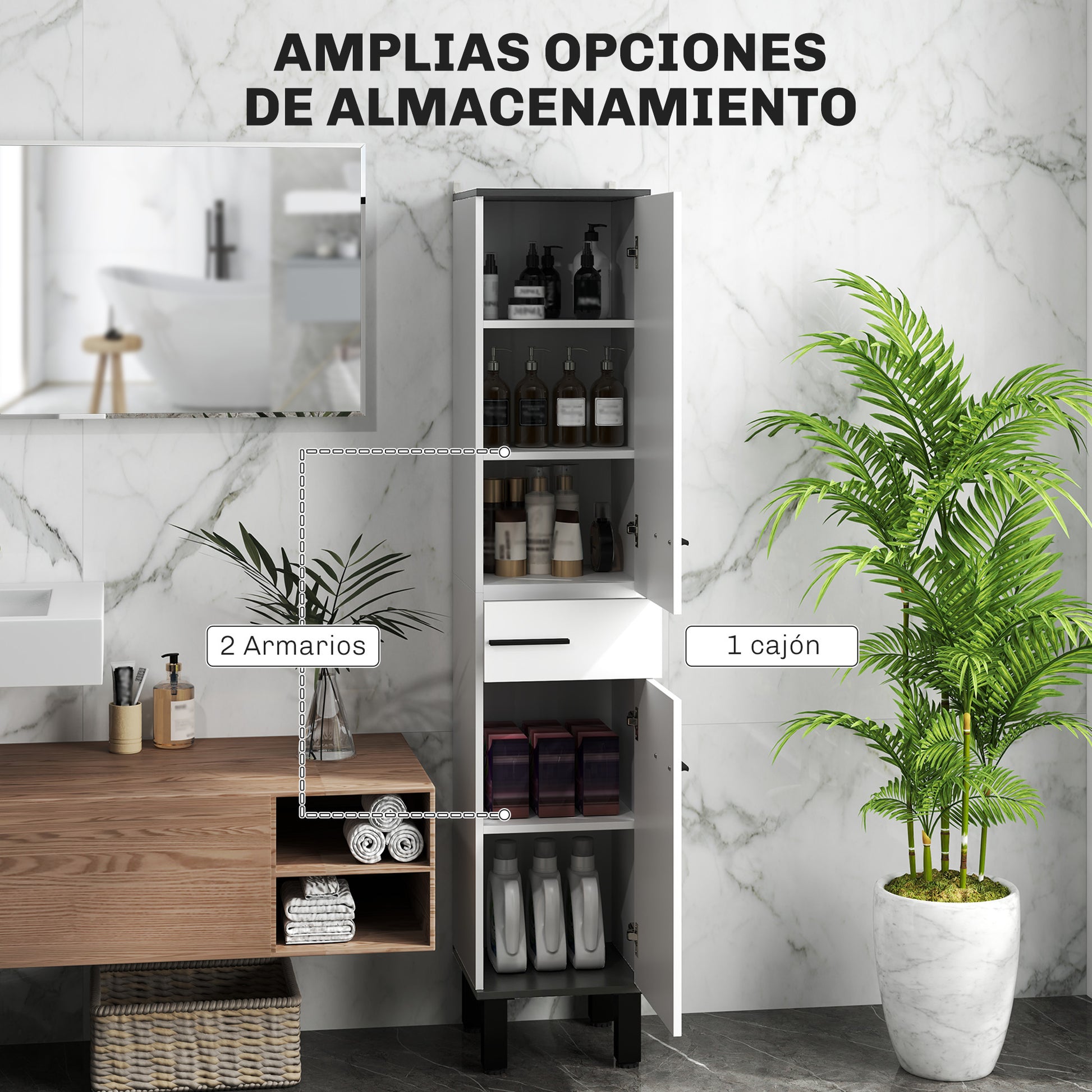 Bathroom Column Tall Bathroom Cabinet with Drawer 2 Doors and Adjustable Shelves Modern Bathroom Furniture Anti-tipping 34x32x170 cm White