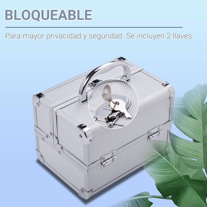 Professional Makeup Case Portable Cosmetic Organizer with 3-Tier Trays and Mirror 2 Keys for Jewelry Manicure Travel 20x15x15 cm Silver