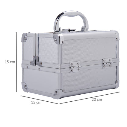 Professional Makeup Case Portable Cosmetic Organizer with 3-Tier Trays and Mirror 2 Keys for Jewelry Manicure Travel 20x15x15 cm Silver