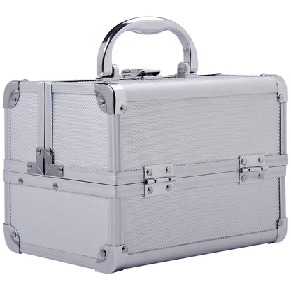Professional Makeup Case Portable Cosmetic Organizer with 3-Tier Trays and Mirror 2 Keys for Jewelry Manicure Travel 20x15x15 cm Silver