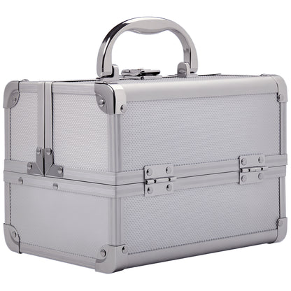 Professional Makeup Case Portable Cosmetic Organizer with 3-Tier Trays and Mirror 2 Keys for Jewelry Manicure Travel 20x15x15 cm Silver