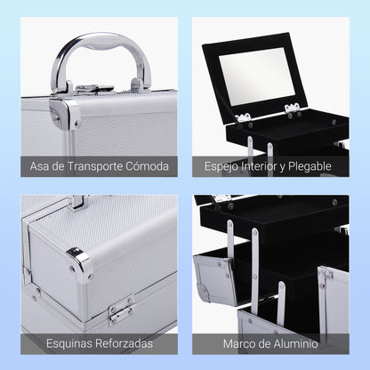 Professional Makeup Case Portable Cosmetic Organizer with 3-Tier Trays and Mirror 2 Keys for Jewelry Manicure Travel 20x15x15 cm Silver
