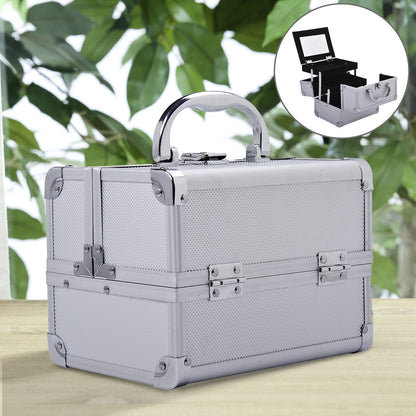 Professional Makeup Case Portable Cosmetic Organizer with 3-Tier Trays and Mirror 2 Keys for Jewelry Manicure Travel 20x15x15 cm Silver