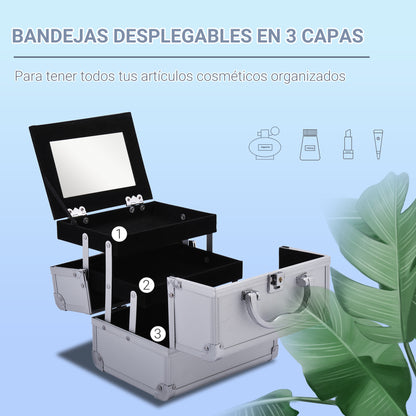 Professional Makeup Case Portable Cosmetic Organizer with 3-Tier Trays and Mirror 2 Keys for Jewelry Manicure Travel 20x15x15 cm Silver