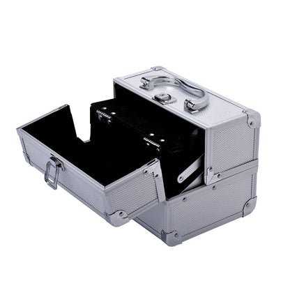 Professional Makeup Case Portable Cosmetic Organizer with 3-Tier Trays and Mirror 2 Keys for Jewelry Manicure Travel 20x15x15 cm Silver