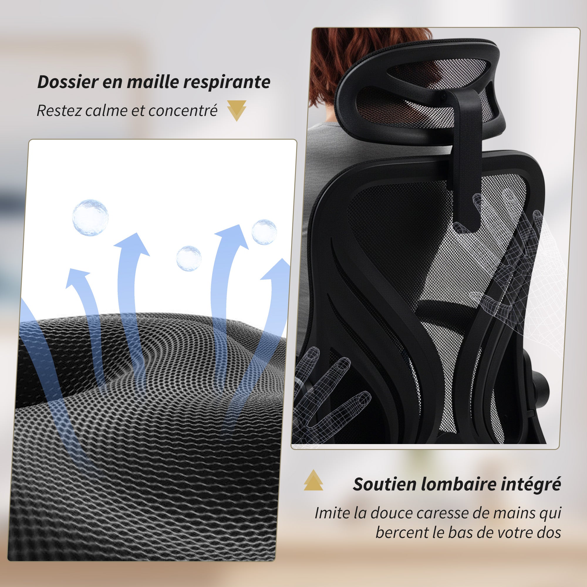 Ergonomic Office Chair, Mesh Desk Chair with Folding Back, 2D Adjustable Headrest, Flip-Up Armrests, Lumbar Support, Tilt & 360° Swivel — Light Gray