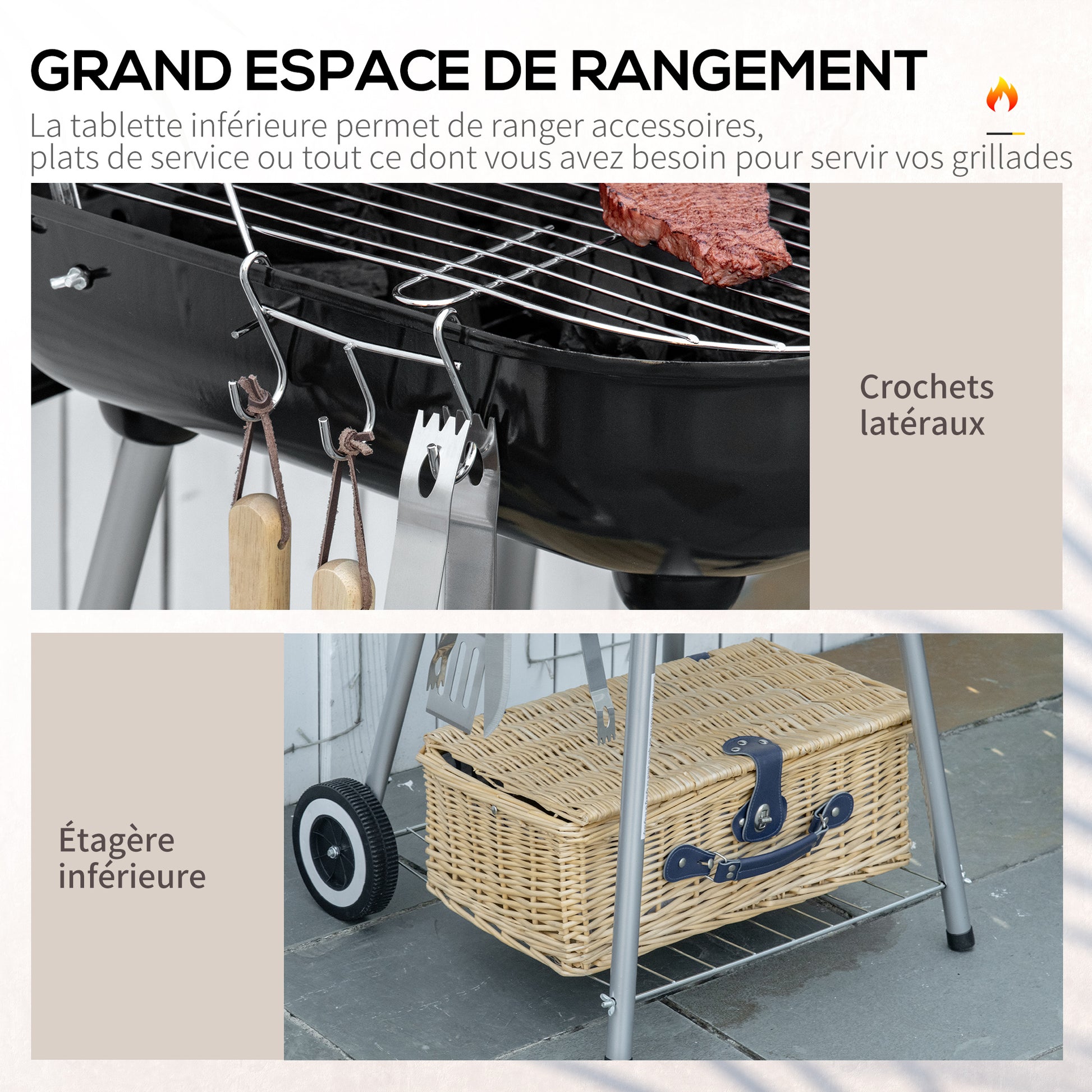 Charcoal BBQ Barbecue with 2 wheels, utensils, cover, and shelf dim. 56L x 62W x 82H cm - black enamelled metal