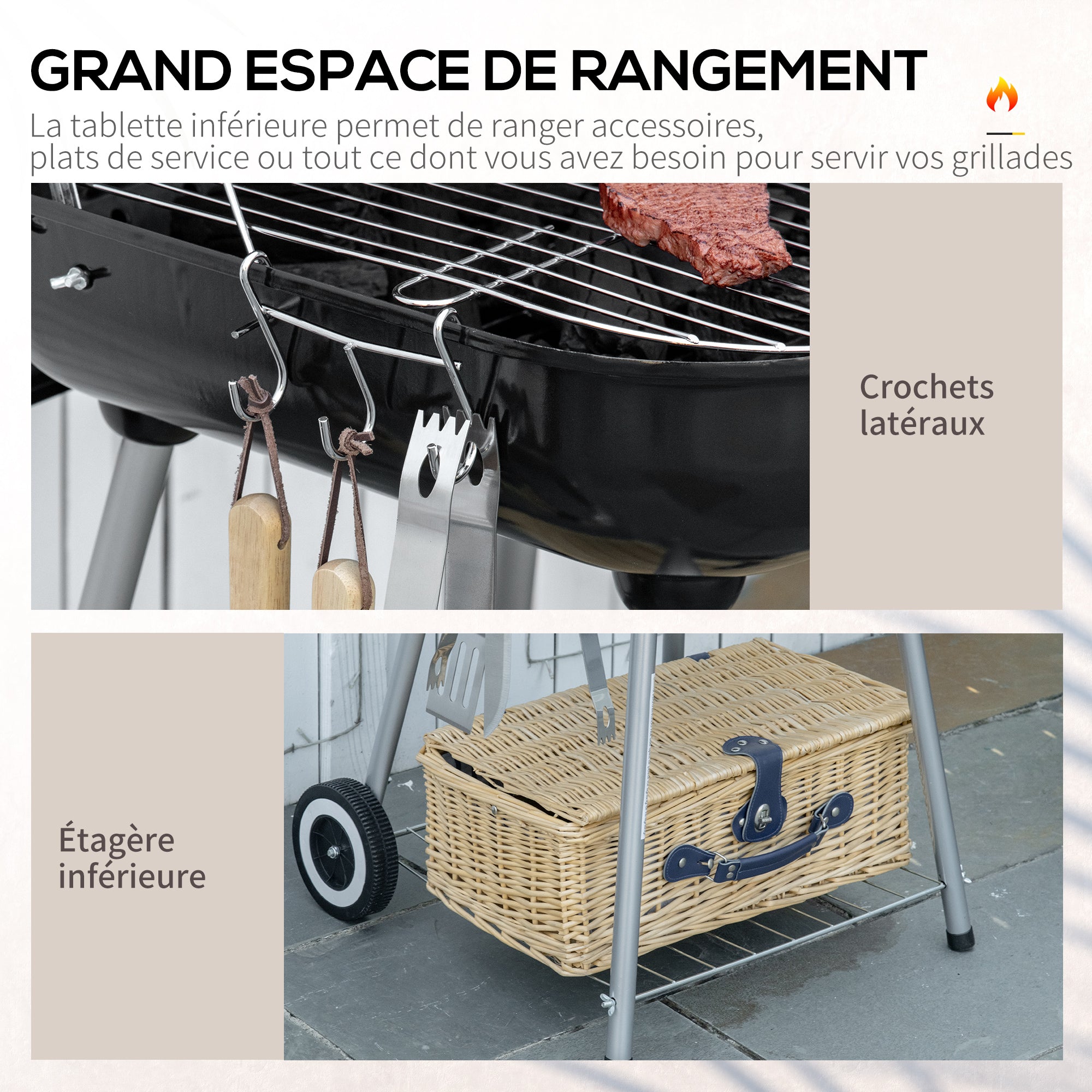 Charcoal BBQ Barbecue with 2 wheels, utensils, cover, and shelf dim. 56L x 62W x 82H cm - black enamelled metal