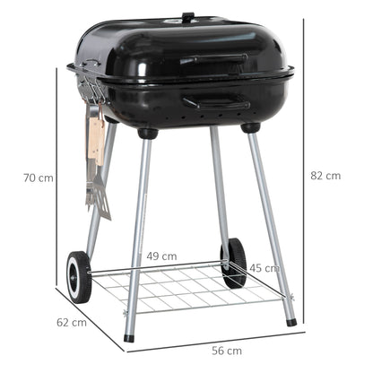 Charcoal BBQ Barbecue with 2 wheels, utensils, cover, and shelf dim. 56L x 62W x 82H cm - black enamelled metal