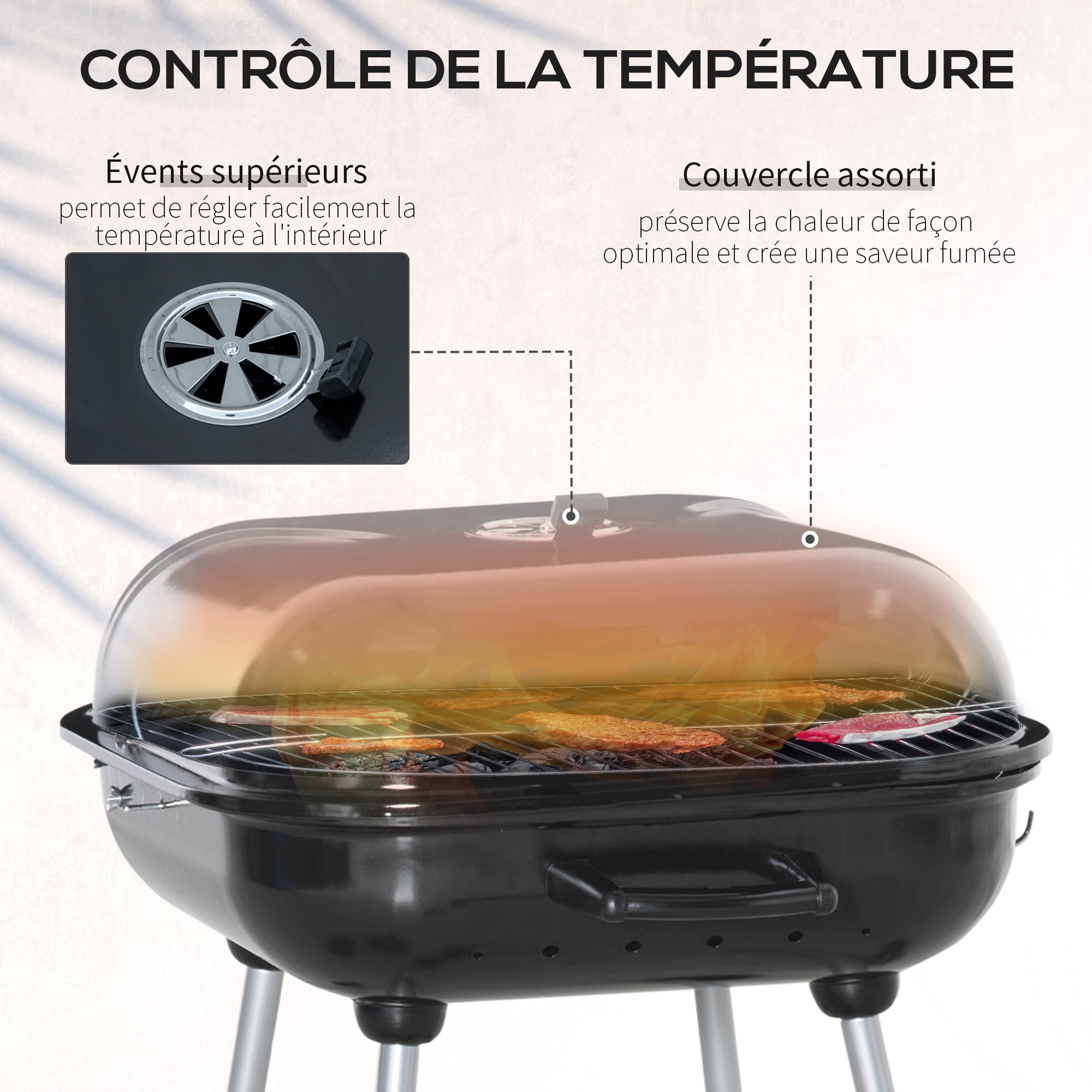 Charcoal BBQ Barbecue with 2 wheels, utensils, cover, and shelf dim. 56L x 62W x 82H cm - black enamelled metal