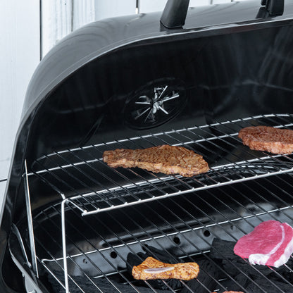 Charcoal BBQ Barbecue with 2 wheels, utensils, cover, and shelf dim. 56L x 62W x 82H cm - black enamelled metal