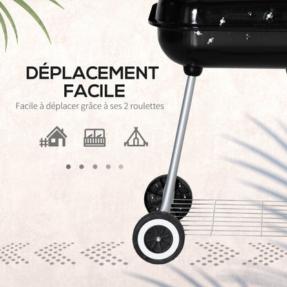 Charcoal BBQ Barbecue with 2 wheels, utensils, cover, and shelf dim. 56L x 62W x 82H cm - black enamelled metal