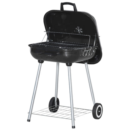 Charcoal BBQ Barbecue with 2 wheels, utensils, cover, and shelf dim. 56L x 62W x 82H cm - black enamelled metal