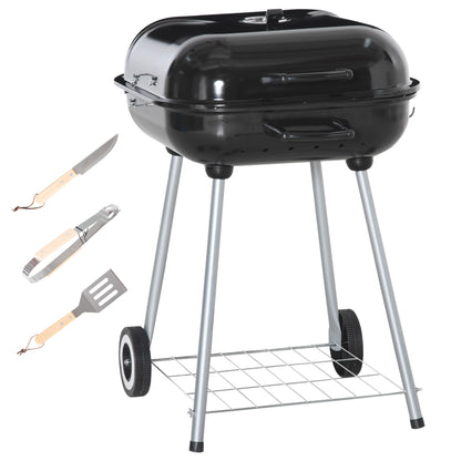 Charcoal BBQ Barbecue with 2 wheels, utensils, cover, and shelf dim. 56L x 62W x 82H cm - black enamelled metal