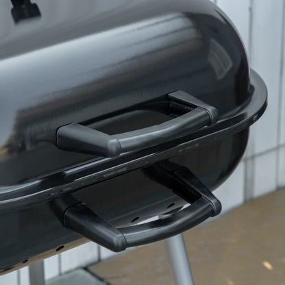 Charcoal BBQ Barbecue with 2 wheels, utensils, cover, and shelf dim. 56L x 62W x 82H cm - black enamelled metal