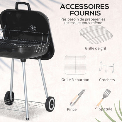 Charcoal BBQ Barbecue with 2 wheels, utensils, cover, and shelf dim. 56L x 62W x 82H cm - black enamelled metal