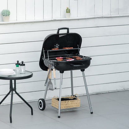 Charcoal BBQ Barbecue with 2 wheels, utensils, cover, and shelf dim. 56L x 62W x 82H cm - black enamelled metal