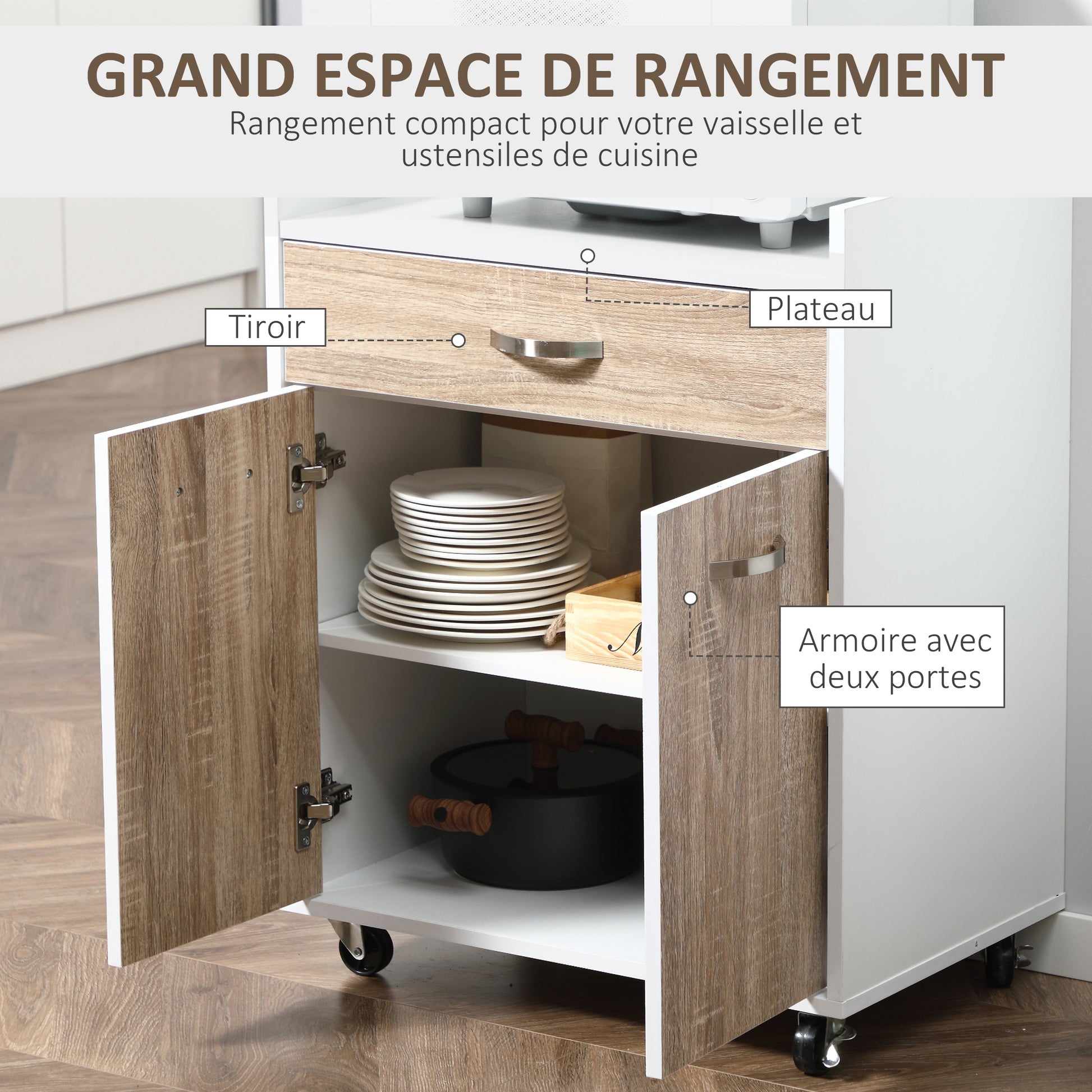 Kitchen Serving Cart Trolley with Drawer Cabinet 2 Doors Shelf Particle Boards White Oak Light Finish