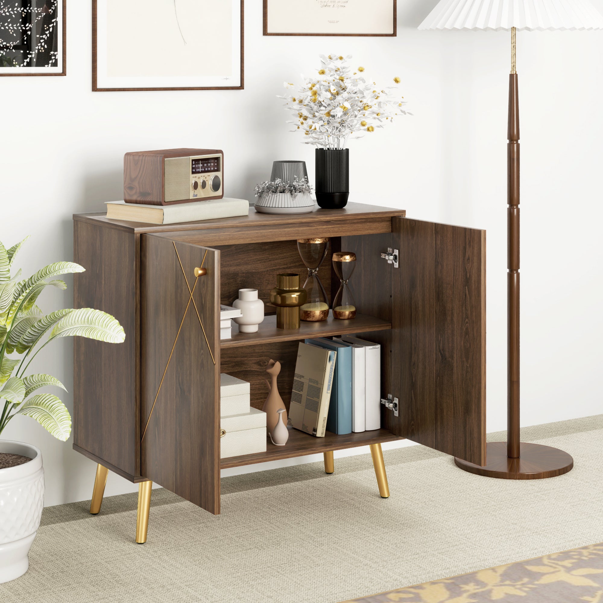 Buffet living room storage cabinet with golden steel line decoration, adjustable shelf, steel legs, for living room, dining room, dim. 80 x 37 x 77 cm, brown and black
