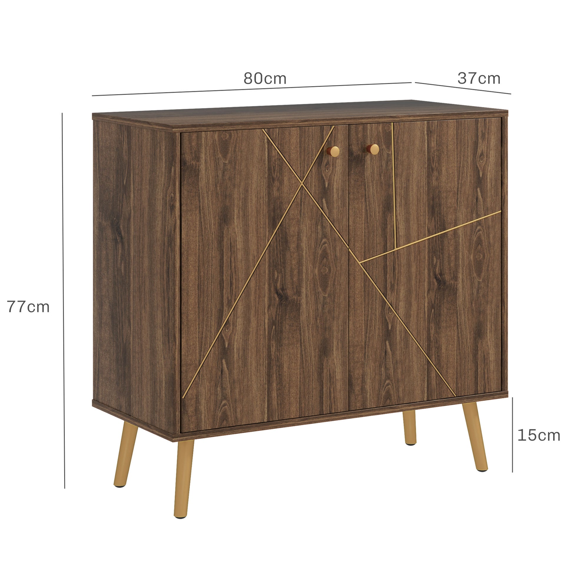 Buffet living room storage cabinet with golden steel line decoration, adjustable shelf, steel legs, for living room, dining room, dim. 80 x 37 x 77 cm, brown and black