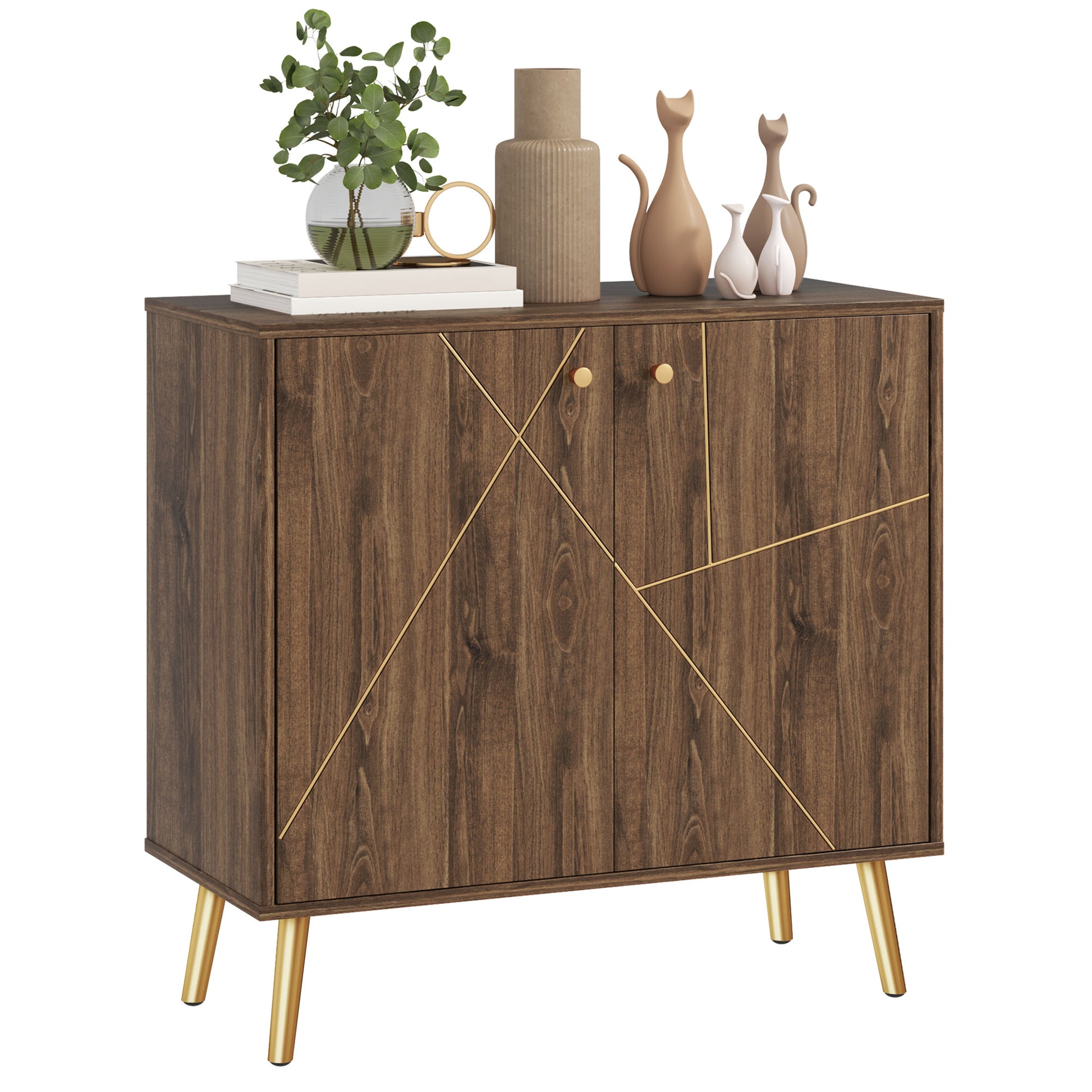Buffet living room storage cabinet with golden steel line decoration, adjustable shelf, steel legs, for living room, dining room, dim. 80 x 37 x 77 cm, brown and black