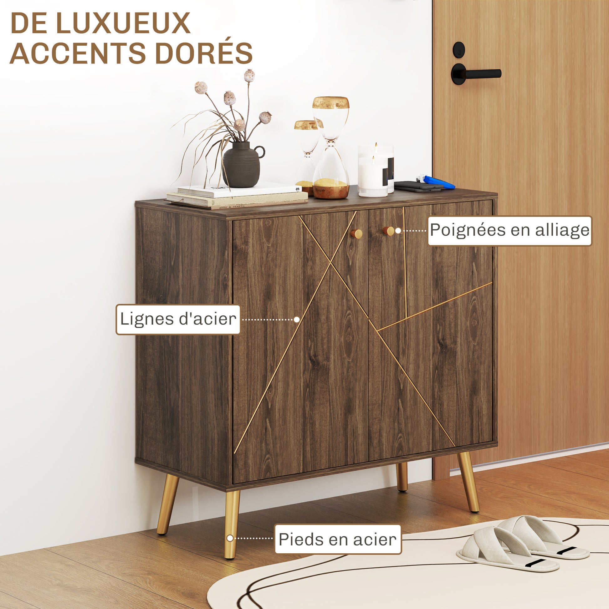 Buffet living room storage cabinet with golden steel line decoration, adjustable shelf, steel legs, for living room, dining room, dim. 80 x 37 x 77 cm, brown and black