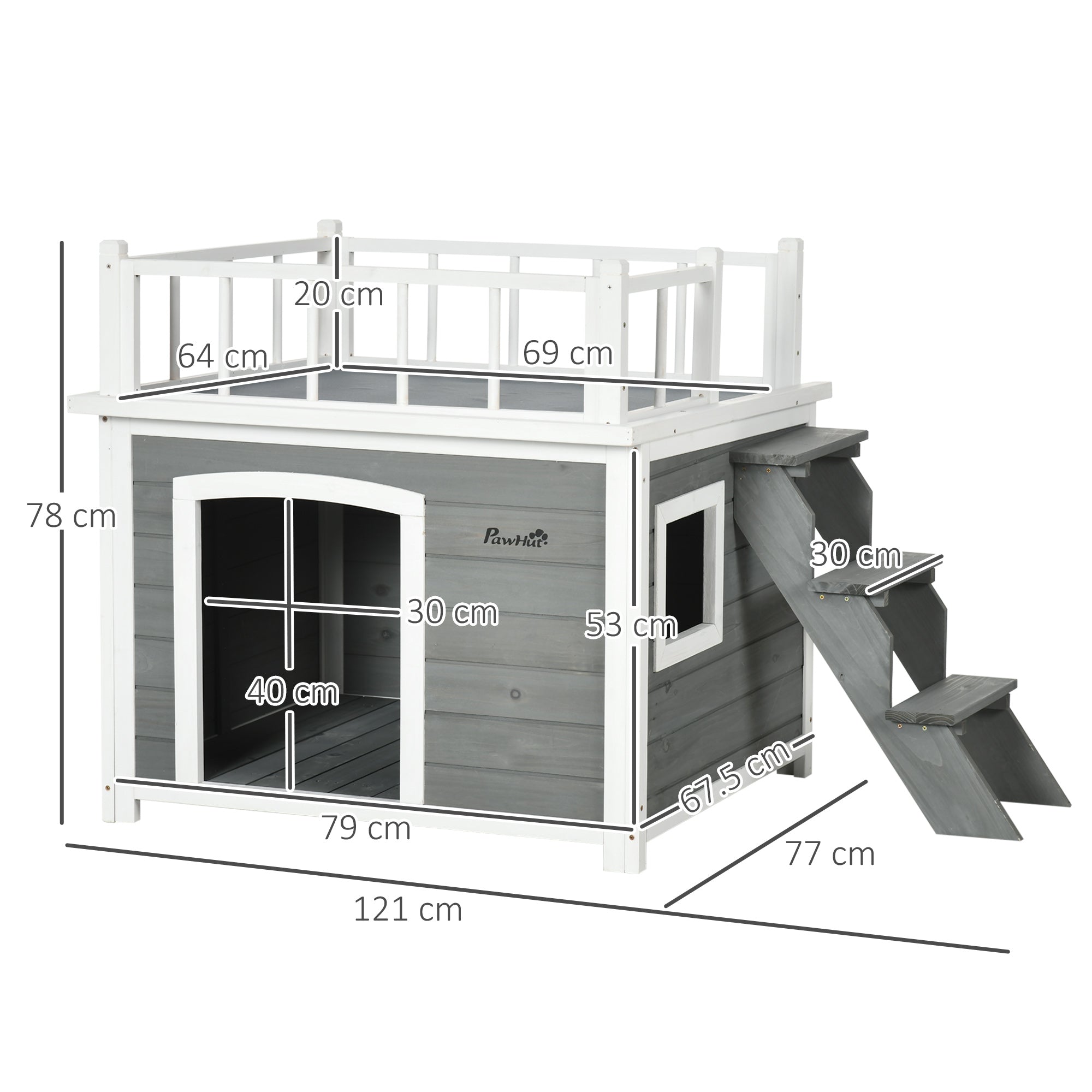 Dog House with Balcony, Elevated Pet House with Stairs, Window, Dog Cave for Small to Large Dogs, Made of Pine Wood, Light Grey, 121 x 77 x 78 cm