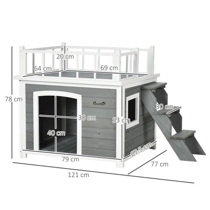 Dog House with Balcony, Elevated Pet House with Stairs, Window, Dog Cave for Small to Large Dogs, Made of Pine Wood, Light Grey, 121 x 77 x 78 cm