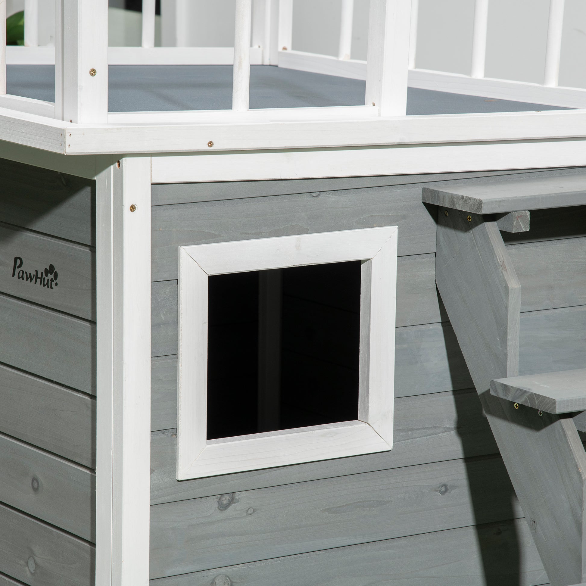 Dog House with Balcony, Elevated Pet House with Stairs, Window, Dog Cave for Small to Large Dogs, Made of Pine Wood, Light Grey, 121 x 77 x 78 cm
