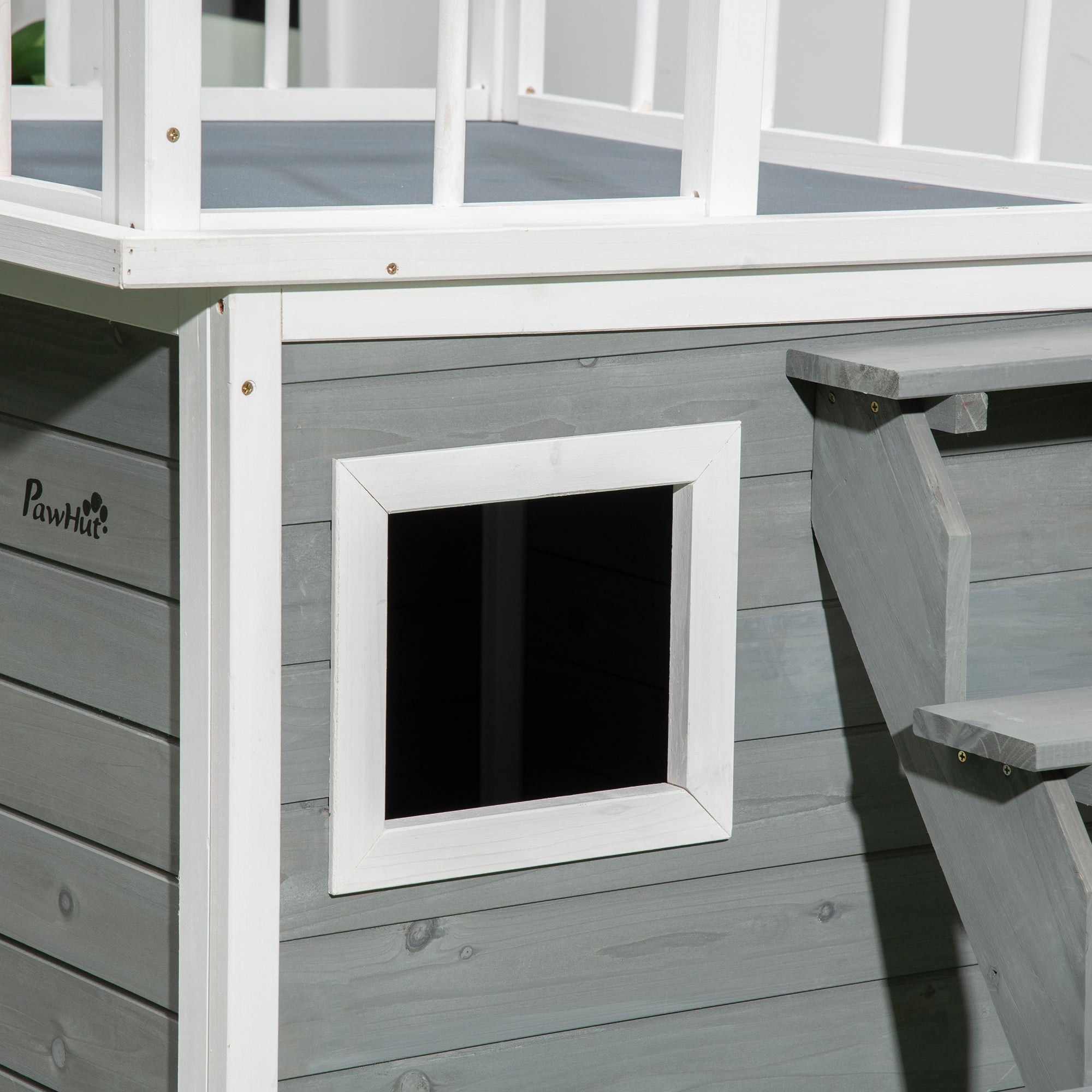 Dog House with Balcony, Elevated Pet House with Stairs, Window, Dog Cave for Small to Large Dogs, Made of Pine Wood, Light Grey, 121 x 77 x 78 cm