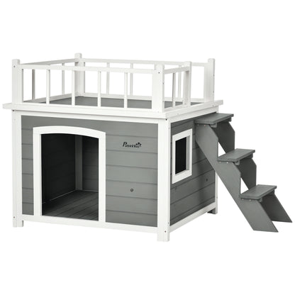 Dog House with Balcony, Elevated Pet House with Stairs, Window, Dog Cave for Small to Large Dogs, Made of Pine Wood, Light Grey, 121 x 77 x 78 cm