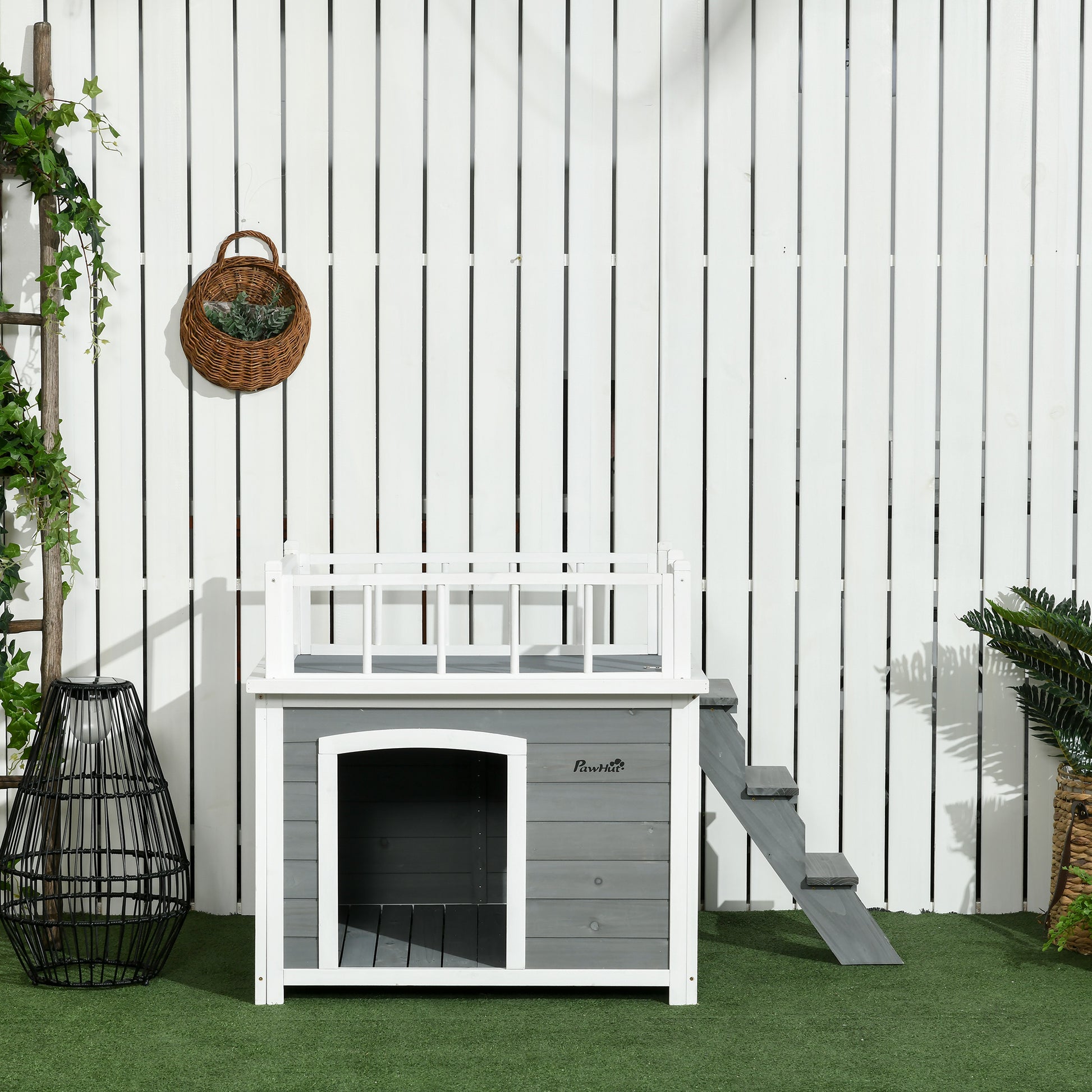 Dog House with Balcony, Elevated Pet House with Stairs, Window, Dog Cave for Small to Large Dogs, Made of Pine Wood, Light Grey, 121 x 77 x 78 cm