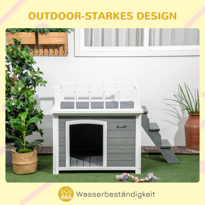 Dog House with Balcony, Elevated Pet House with Stairs, Window, Dog Cave for Small to Large Dogs, Made of Pine Wood, Light Grey, 121 x 77 x 78 cm