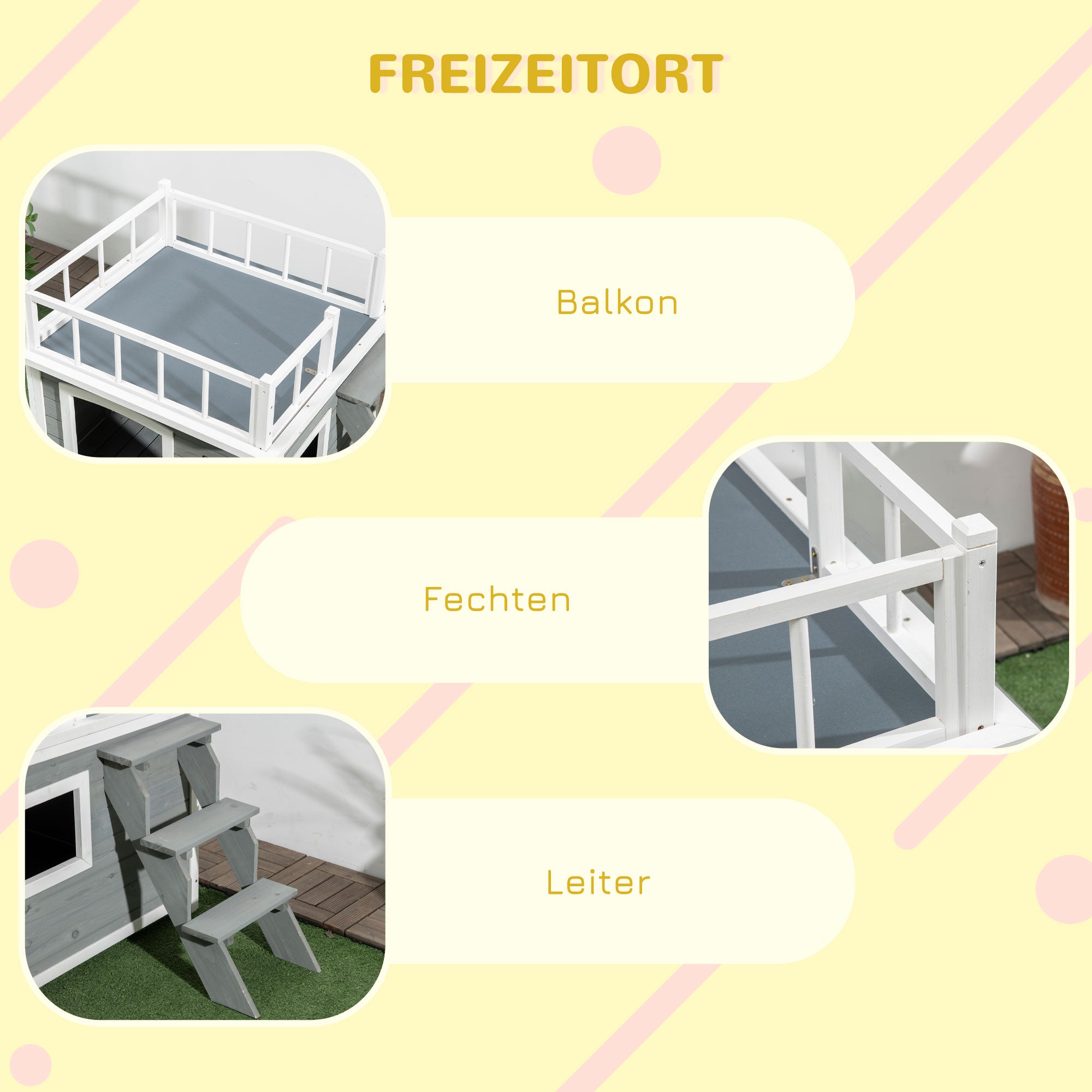 Dog House with Balcony, Elevated Pet House with Stairs, Window, Dog Cave for Small to Large Dogs, Made of Pine Wood, Light Grey, 121 x 77 x 78 cm