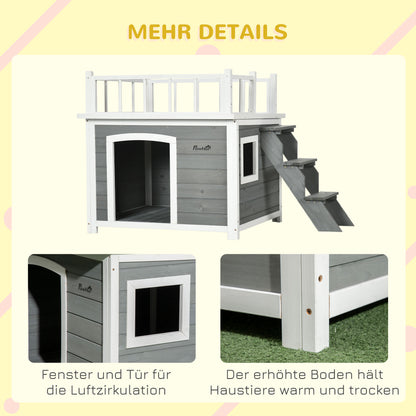 Dog House with Balcony, Elevated Pet House with Stairs, Window, Dog Cave for Small to Large Dogs, Made of Pine Wood, Light Grey, 121 x 77 x 78 cm