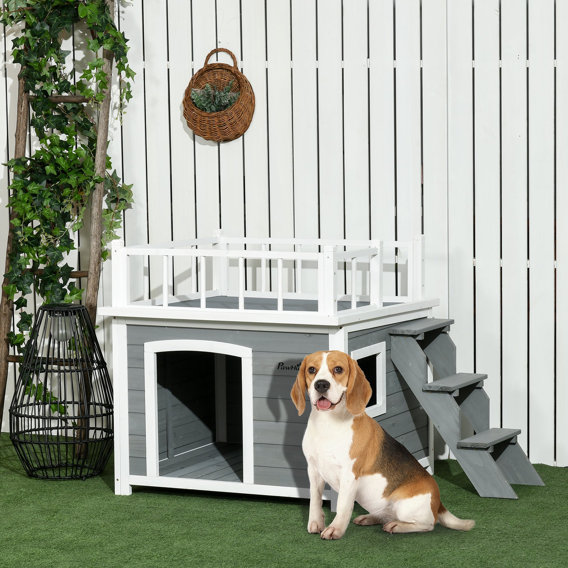 Dog House with Balcony, Elevated Pet House with Stairs, Window, Dog Cave for Small to Large Dogs, Made of Pine Wood, Light Grey, 121 x 77 x 78 cm