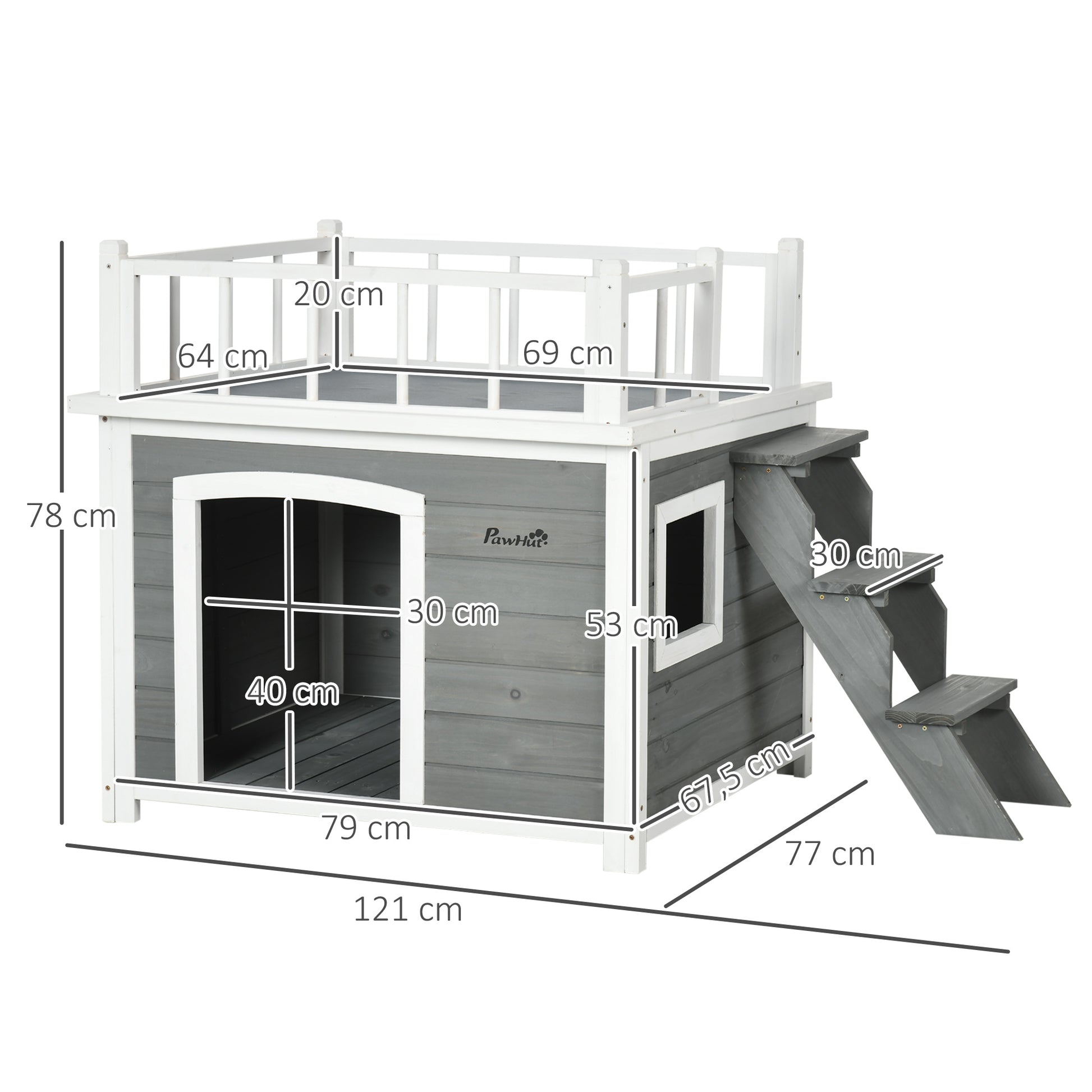 Dog House with Balcony, Elevated Pet House with Stairs, Window, Dog Cave for Small to Large Dogs, Made of Pine Wood, Light Grey, 121 x 77 x 78 cm