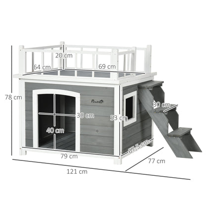 Dog House with Balcony, Elevated Pet House with Stairs, Window, Dog Cave for Small to Large Dogs, Made of Pine Wood, Light Grey, 121 x 77 x 78 cm