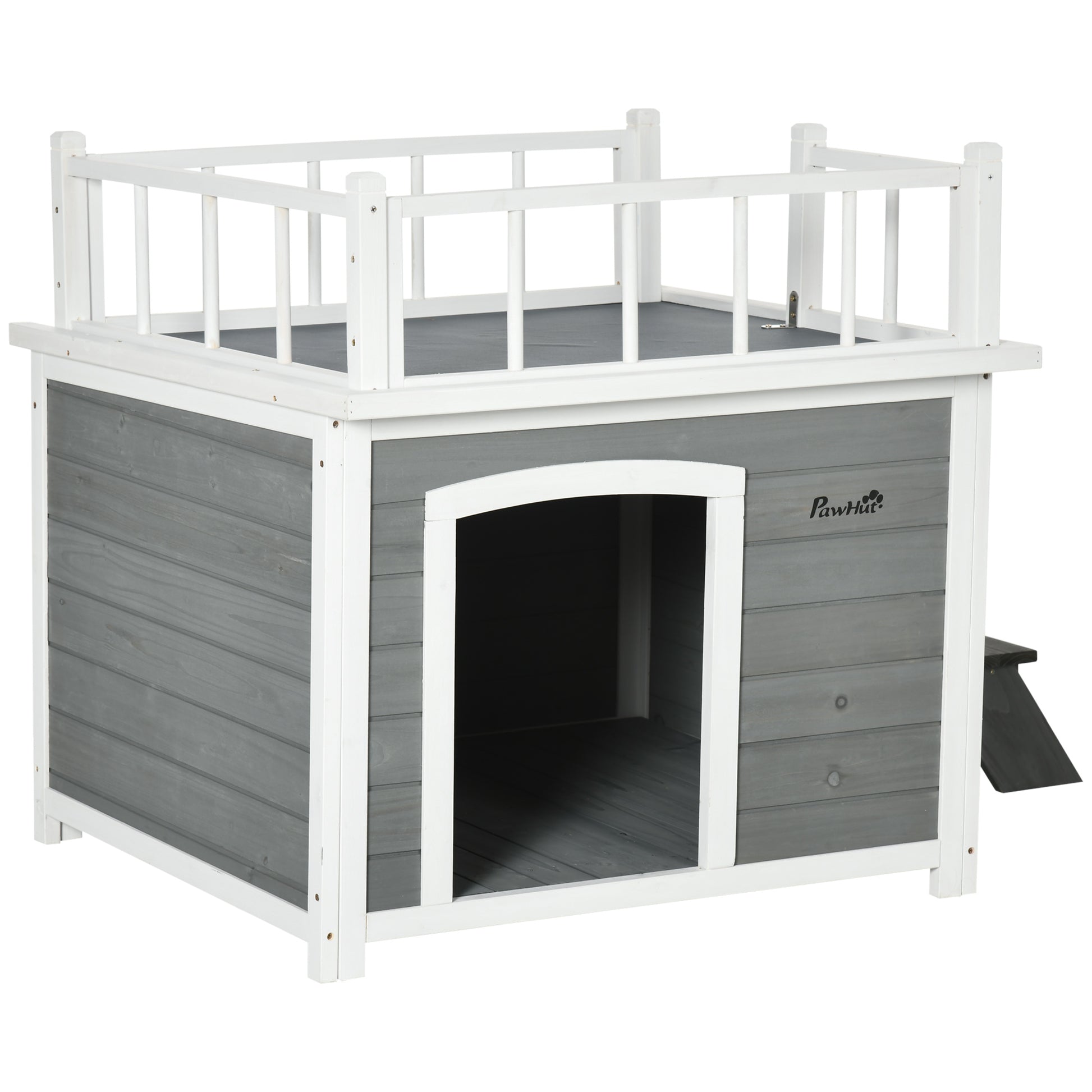 Dog House with Balcony, Elevated Pet House with Stairs, Window, Dog Cave for Small to Large Dogs, Made of Pine Wood, Light Grey, 121 x 77 x 78 cm