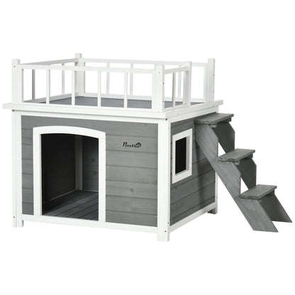 Dog House with Balcony, Elevated Pet House with Stairs, Window, Dog Cave for Small to Large Dogs, Made of Pine Wood, Light Grey, 121 x 77 x 78 cm