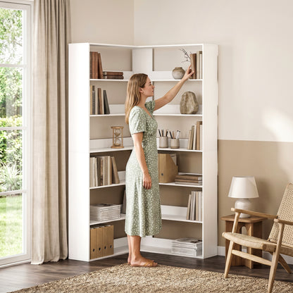 7-Tier L-Shaped Corner Bookcase, White Wood-Effect, Non-Slip 2.8 in Back Lip, 35.4 x 35.4 x 70.9 in